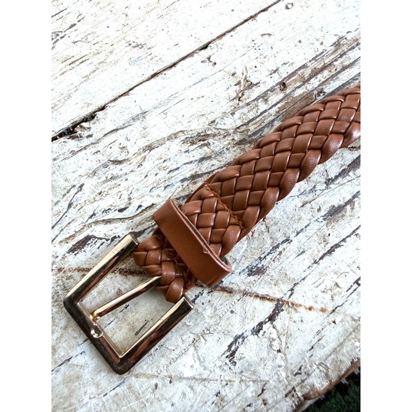 Cognac Brown Braided Woven Belt Square Buckle Faux Leather Adjustable - Picture 4 of 7